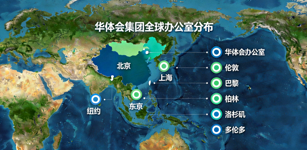 华体会集团全球办公室分布地图，涵盖亚洲、欧洲、北美主要城市